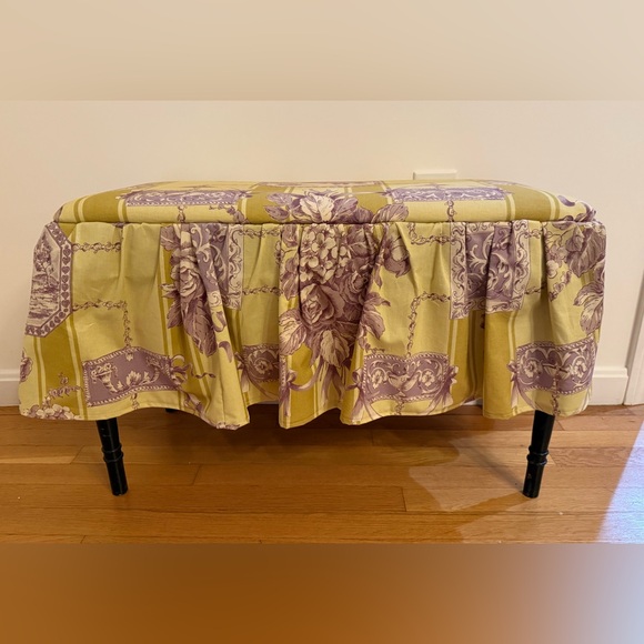 CUSTOM VINTAGE TOILE & STRIPED FABRIC BENCH